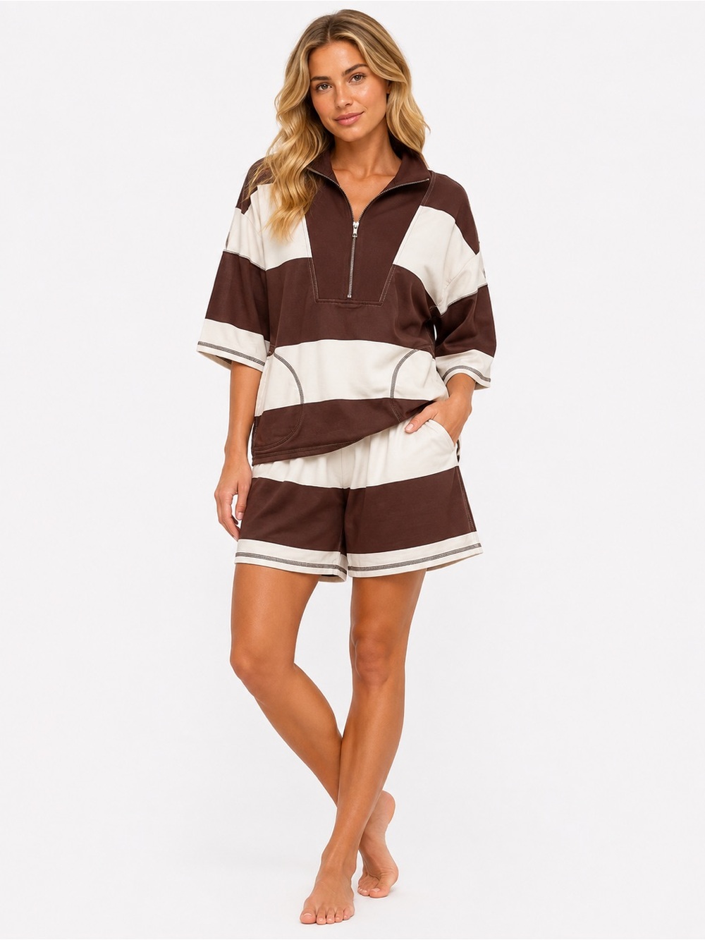 NWT Size Medium Set Striped Half-Zip Lounge Brown and Cream Womens
